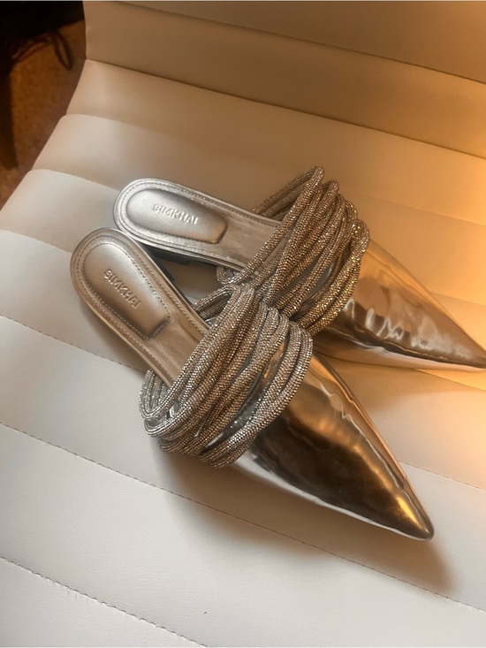 Simkhai Shoes - Shiny Silver Pointed-Toe Leather Mules with Crystal Trim